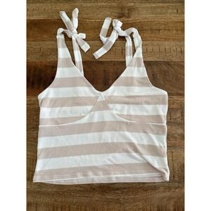 Heatherly Womens XL Tie Shoulder Crop Top Beige Stripe Stretch Bralette Tank
